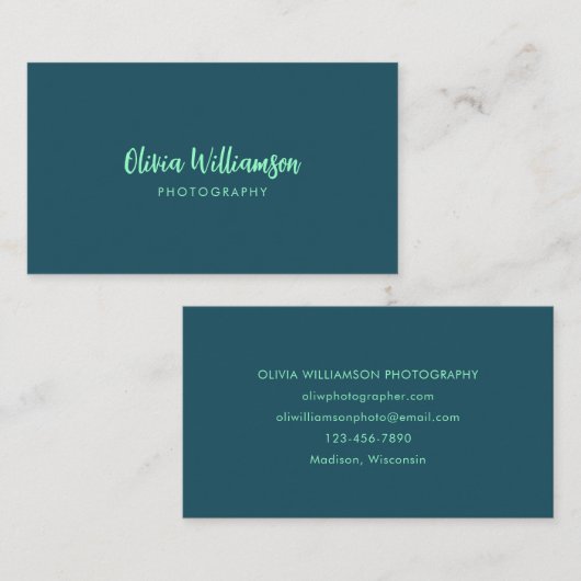 Deep Teal Mint Script Name Minimalist Creative Visitenkarte (Vorne/Hinten)