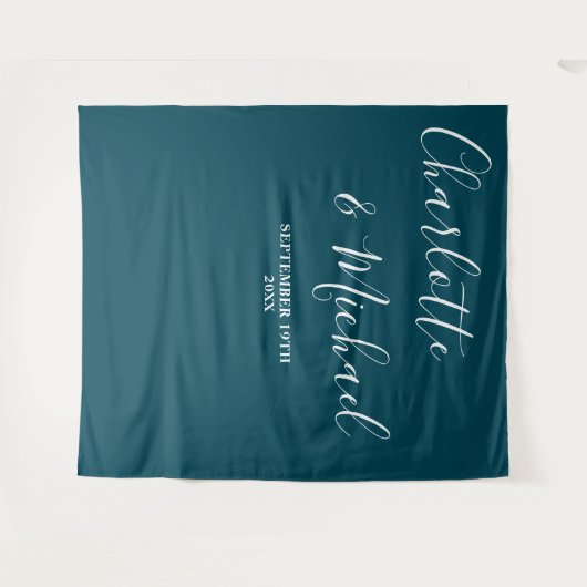 Deep Teal Script Minimalist Wedding Backdrop Wandteppich (Vorderseite (Horizontal))