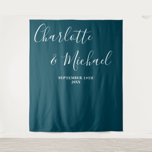 Deep Teal Script Minimalist Wedding Backdrop Wandteppich (Vorderseite)