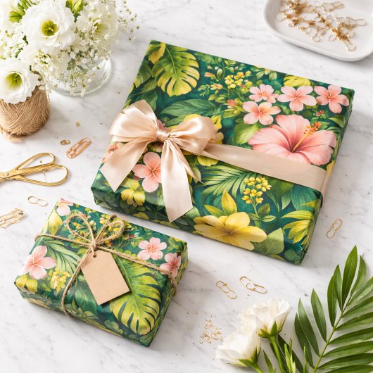 Deep Teal Tropical Hibiscus Floral  Geschenkpapier