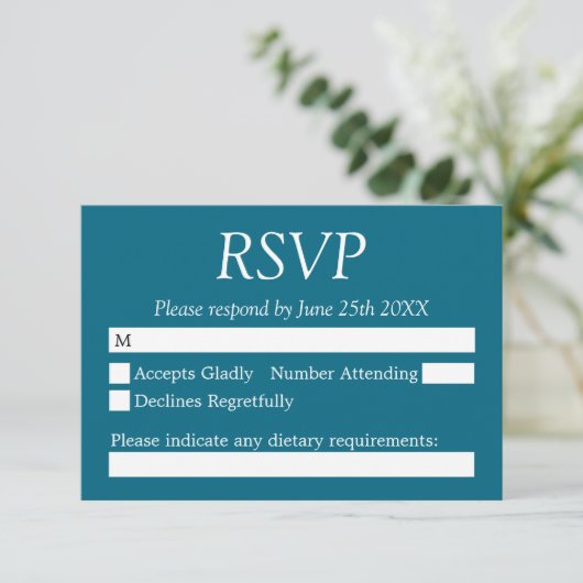 Deep Türkise Blue Wedding RSVP Card Karte (Stehend Vorderseite)