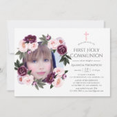 Deep Velvet und Bush Pink Floral Erste Kommune Einladung (Vorderseite)