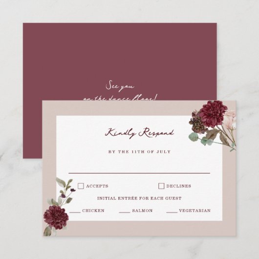 Deep Wine Old Money Wedding RSVP Card Begleitkarte (Vorne/Hinten)
