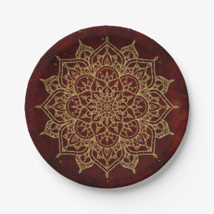 Deep Wine Red Mandala & Gold Glam Moderner Chic Pappteller
