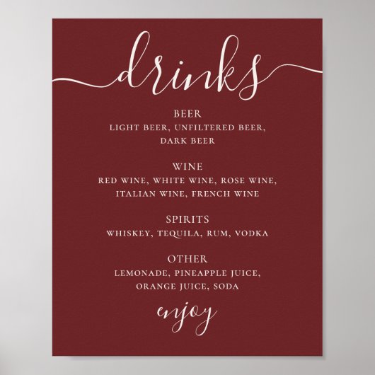 Deep Wine Red Wedding Drinks Menu. Modern Bar Sign Poster (Vorne)