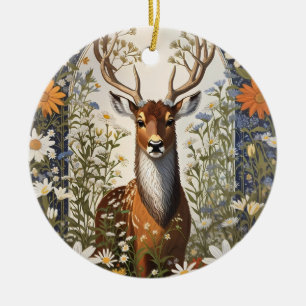Deer Amid Daisy Blume Keramik Ornament