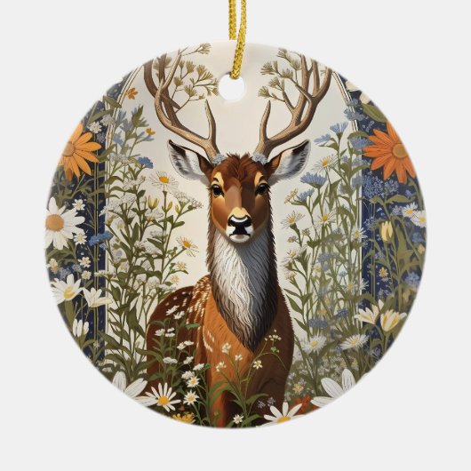 Deer Amid Daisy Blume Keramik Ornament (Vorne)