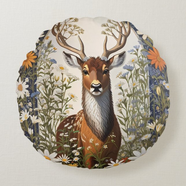 Deer Amid Daisy Blume Rundes Kissen (Vorderseite)