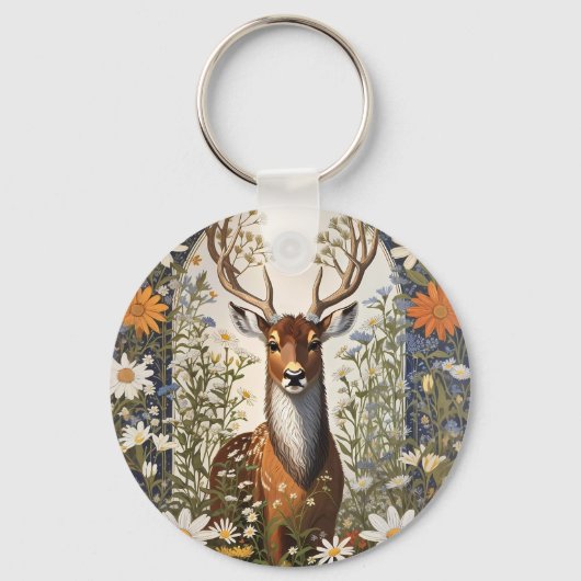 Deer Amid Daisy Blume Schlüsselanhänger (Vorderseite)