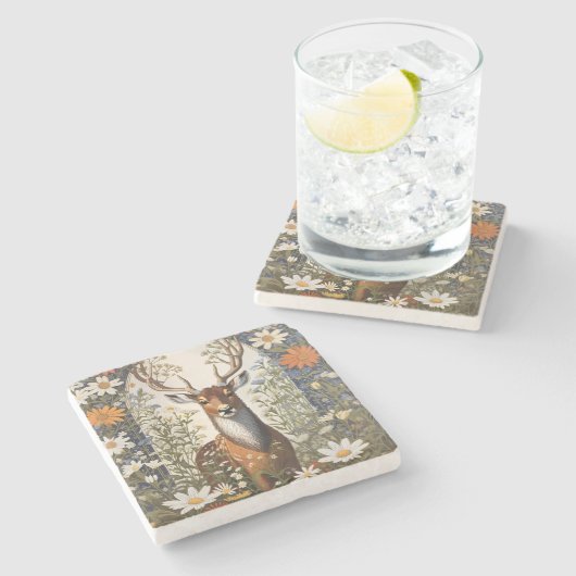 Deer Amid Daisy Blume Steinuntersetzer (Seitenansicht)