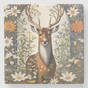 Deer Amid Daisy Blume Steinuntersetzer