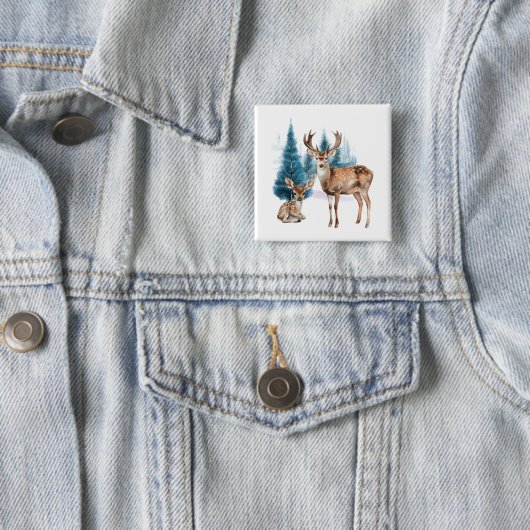 Deer and doe with snowy pine tree button (Beispiel)