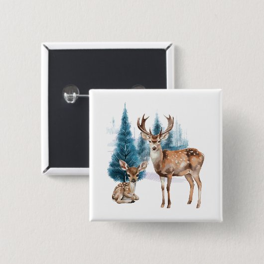 Deer and doe with snowy pine tree button (Vorne & Hinten)