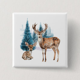 Deer and doe with snowy pine tree button