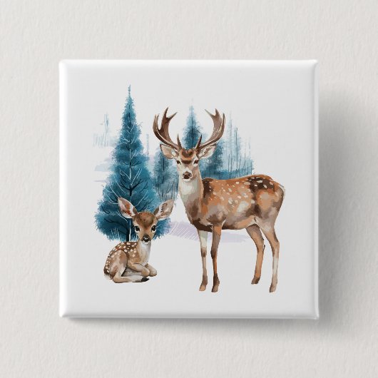 Deer and doe with snowy pine tree button (Vorderseite)