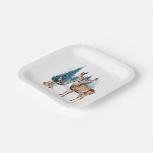 Deer and doe with snowy pine tree pappteller (Gewinkelt)