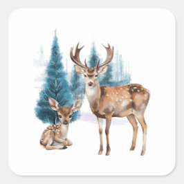 Deer and doe with snowy pine tree quadratischer aufkleber