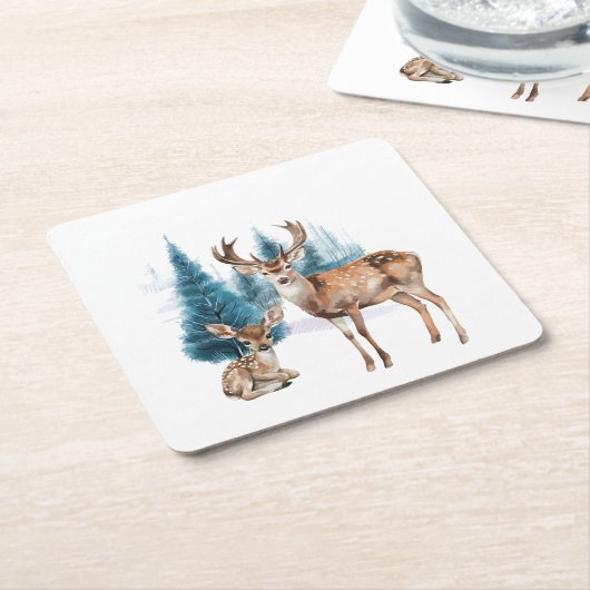 Deer and doe with snowy pine tree rechteckiger pappuntersetzer (angewinkelt)