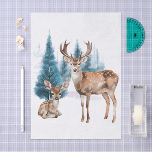 Deer and doe with snowy pine tree seidenpapier (Handwerk)