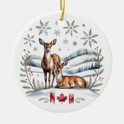 Deer and winter scene with Canadian flag. Keramik Ornament (Vorne)