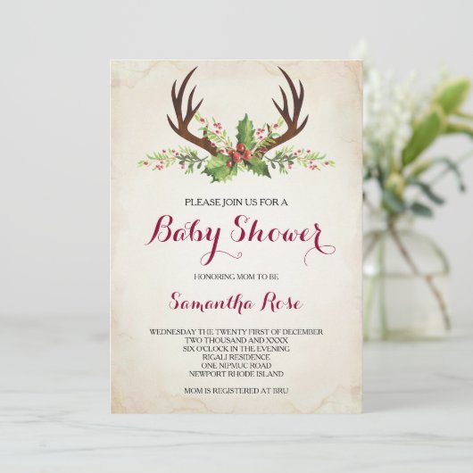 Deer Antler Baby Shower Einladung - Weihnachten (Stehend Vorderseite)