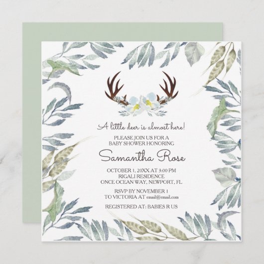 DEER ANTLER Boy Baby Showeinladung - Platz Einladung (Vorne/Hinten)