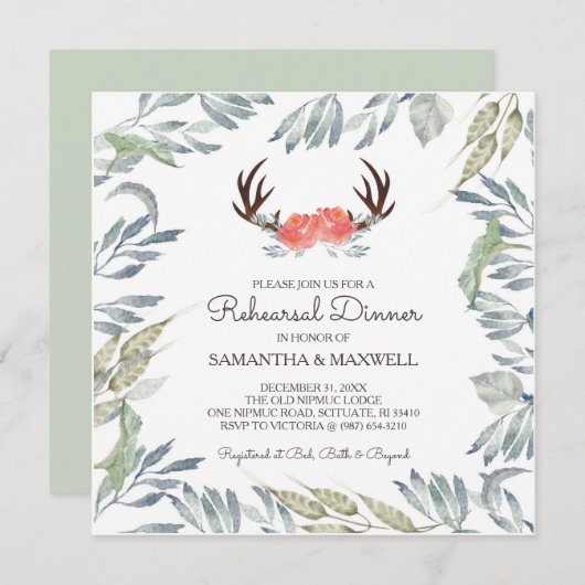 DEER ANTLER & Greenerie Probe Abendessen Einladung (Vorne/Hinten)