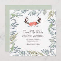 DEER ANTLER & Greenery Save the Date, Peach Blume