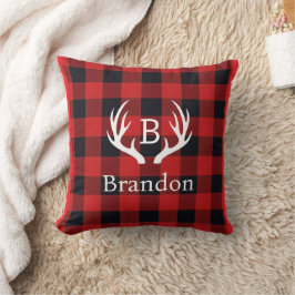 Deer Antler Initial Buffalo Plaid Kissen