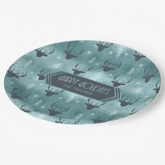 Deer Antlers Arrows Christmas Pattern Aquamarin ID Pappteller (Schrägansicht)