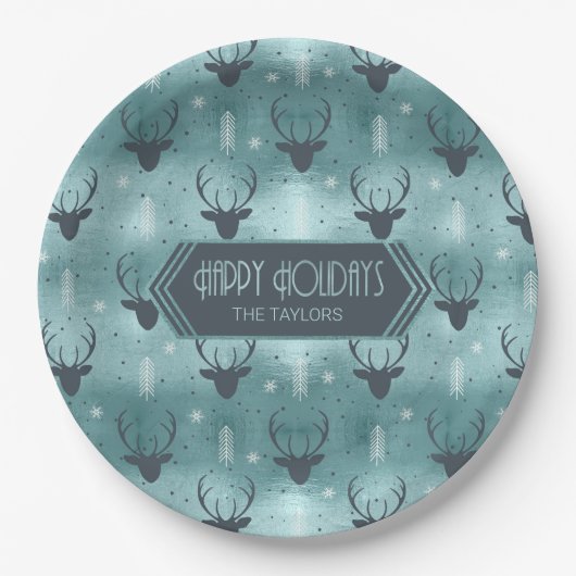Deer Antlers Arrows Christmas Pattern Aquamarin ID Pappteller (Vorderseite)