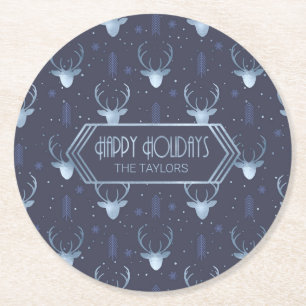 Deer Antlers Arrows Christmas Pattern Blue ID861 Runder Pappuntersetzer