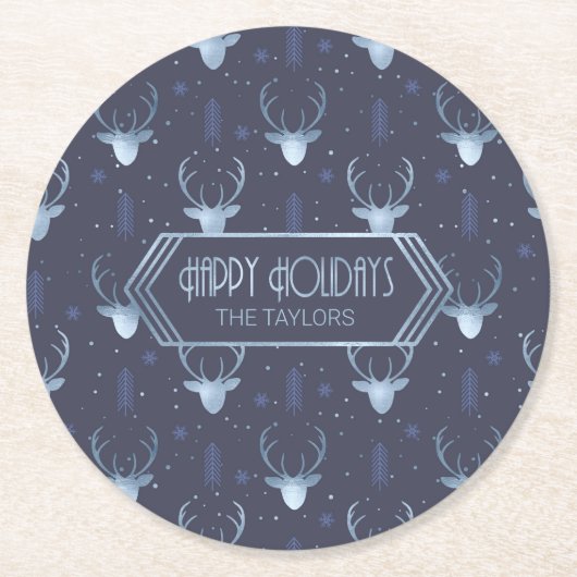 Deer Antlers Arrows Christmas Pattern Blue ID861 Runder Pappuntersetzer (Vorderseite)