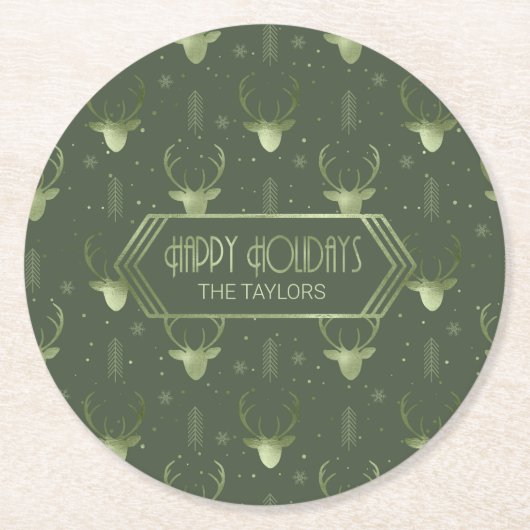 Deer Antlers Arrows Christmas Pattern Green ID861 Runder Pappuntersetzer (Vorderseite)