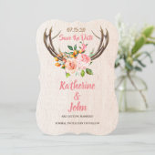 Deer Antlers Blush Rustic Floral save the date Einladung (Stehend Vorderseite)