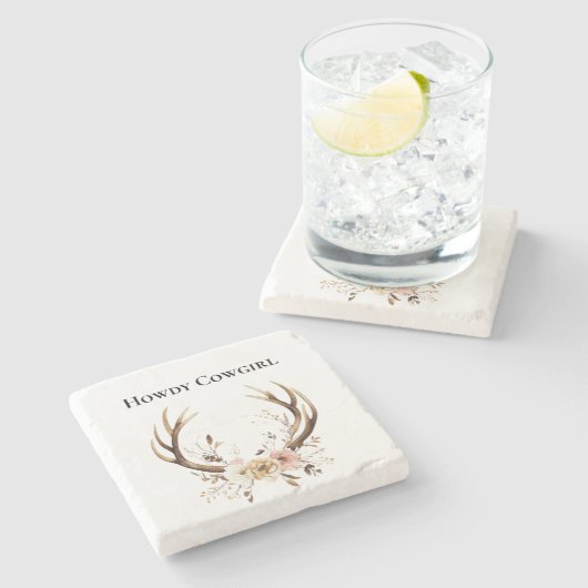 Deer Antlers Cowgirl Pink Floral Steinuntersetzer (Seitenansicht)