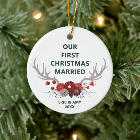 Deer Antlers First Christmas Verheiratet Personali Keramik Ornament (Baum)