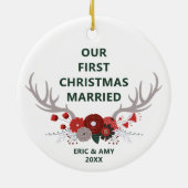 Deer Antlers First Christmas Verheiratet Personali Keramik Ornament (Hinten)