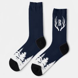 Deer Antlers Men's Crew Socks Blue and White Socken