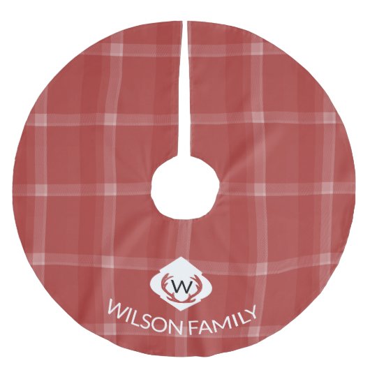 Deer Antlers Monogram Tartan Red Polyester Weihnachtsbaumdecke (Vorderseite)