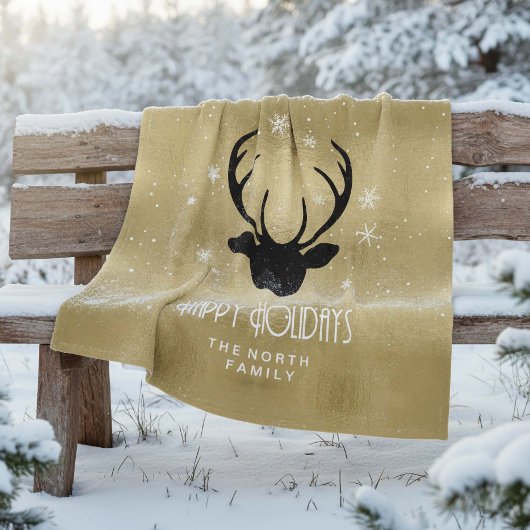 Deer Antlers Silhouette & Snowflakes Gold ID861 Fleecedecke