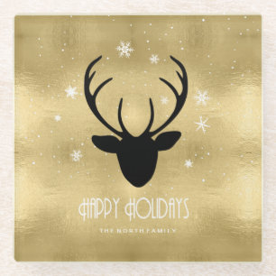 Deer Antlers Silhouette & Snowflakes Gold ID861 Glasuntersetzer