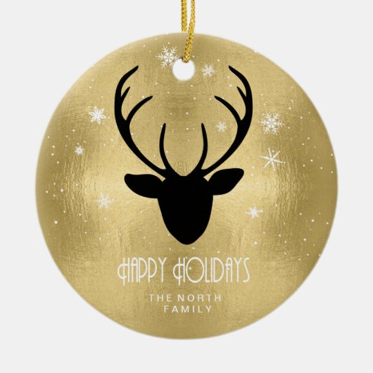 Deer Antlers Silhouette & Snowflakes Gold ID861 Keramik Ornament (Vorne)