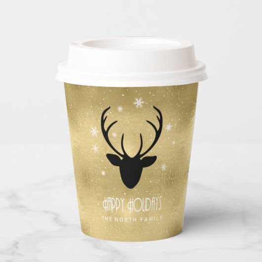 Deer Antlers Silhouette & Snowflakes Gold ID861 Pappbecher (Rückseite)