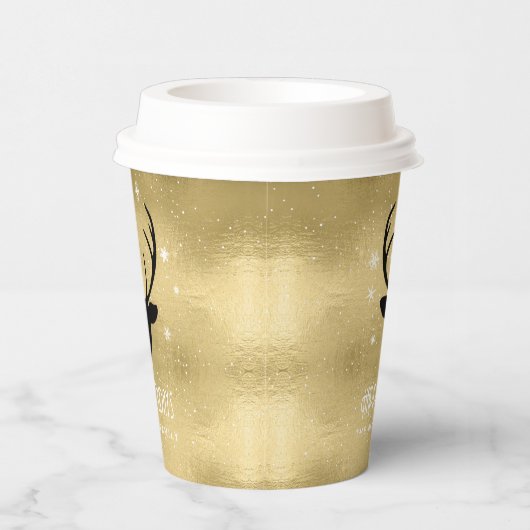 Deer Antlers Silhouette & Snowflakes Gold ID861 Pappbecher (Rechts)