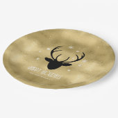 Deer Antlers Silhouette & Snowflakes Gold ID861 Pappteller (Schrägansicht)