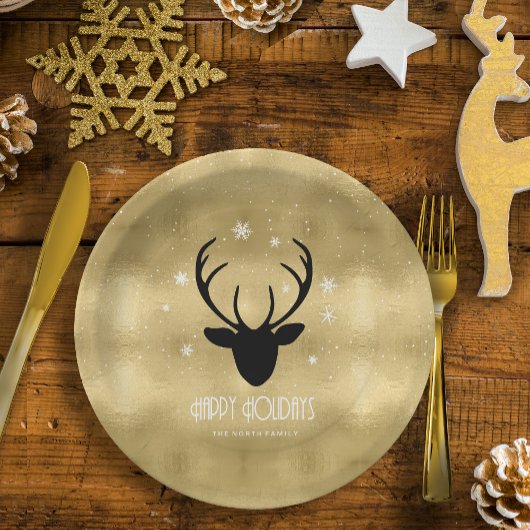 Deer Antlers Silhouette & Snowflakes Gold ID861 Pappteller