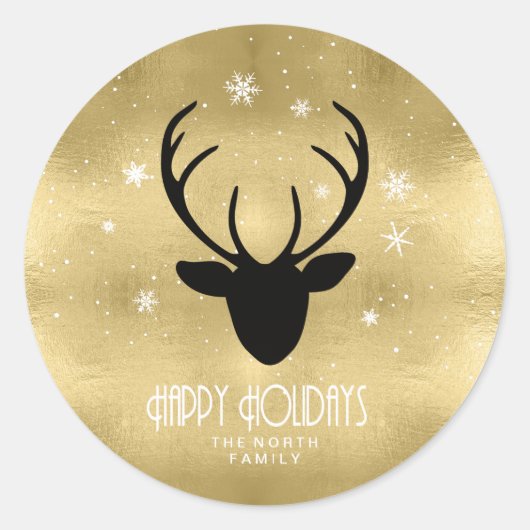 Deer Antlers Silhouette & Snowflakes Gold ID861 Runder Aufkleber (Vorderseite)