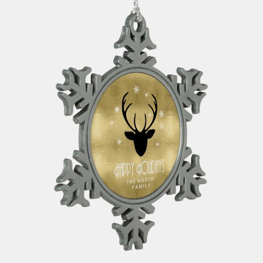 Deer Antlers Silhouette & Snowflakes Gold ID861 Schneeflocken Zinn-Ornament (Links)