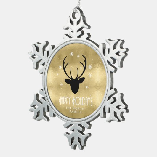 Deer Antlers Silhouette & Snowflakes Gold ID861 Schneeflocken Zinn-Ornament (Rechts)